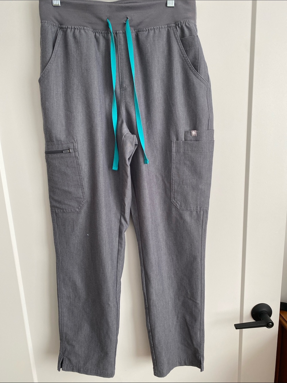 Figs Gray Cargo Scrub Pants with Teal Drawstring- technical collection- women